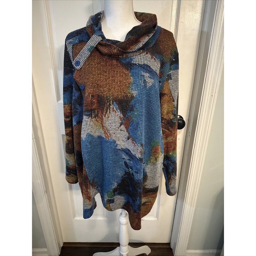 Pure Essence Waffle‎ Multi Printed Tunic Size 1X Cowl Neck Ling Sleeves